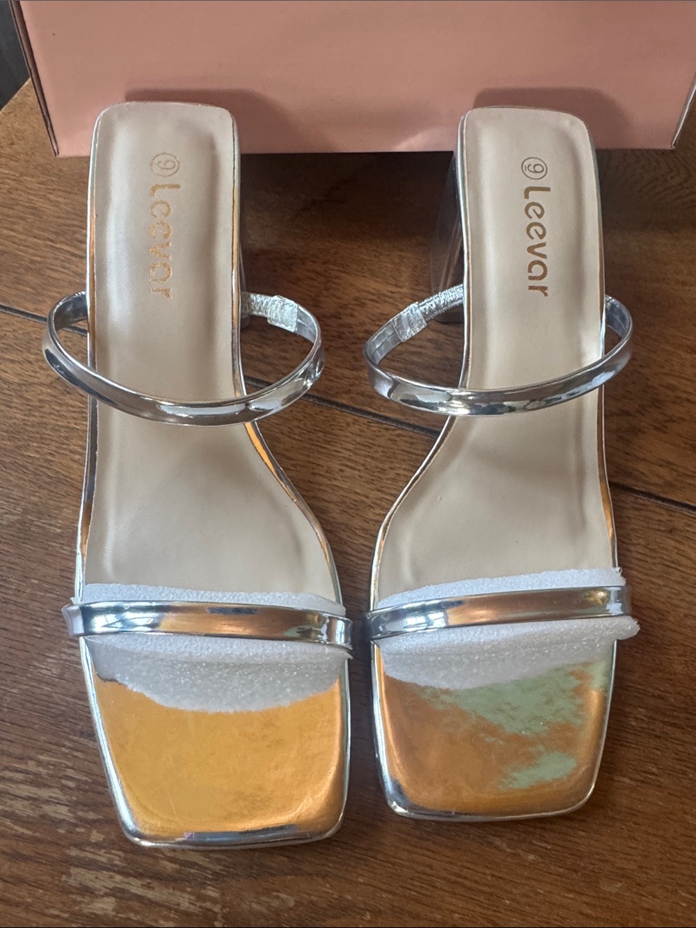 Metallic Silver Double-Strap Heeled Slides - Women's